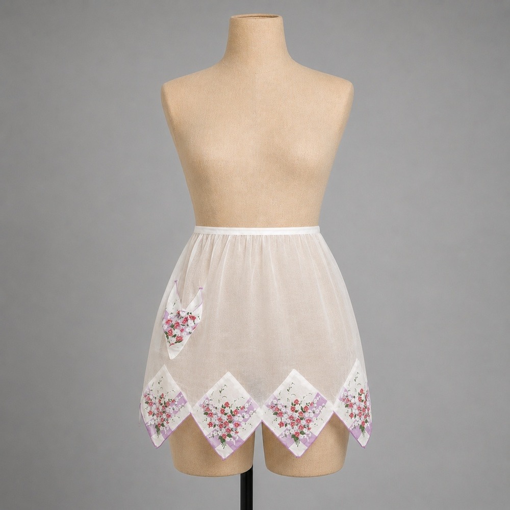 Vtg Handmade Sheer Floral Handkerchief Hem Half Apron Cottagecore Upcycled Fairy